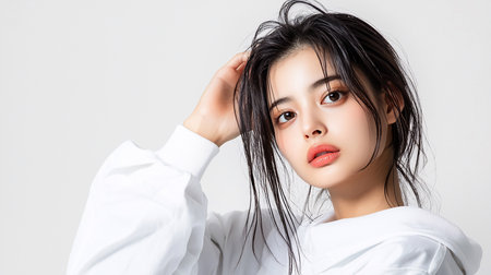 A young woman with wet, dark hair and captivating brown eyes poses against a white background, her hand casually touching her hair, creating a sense of effortless beauty and allure.の素材