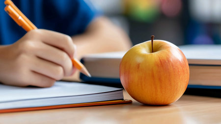 Close-up of a student writing in a notebook with an apple on the desk, symbolizing education, learning, and a healthy snack during study time.の素材