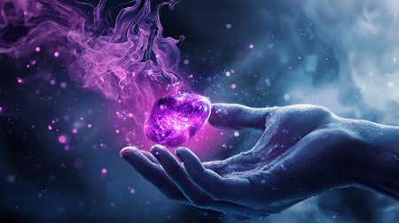A close-up of an ethereal hand gently holding a radiant, glowing purple crystal.の素材