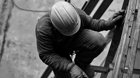 A focused industrial worker in a hard hat and gloves climbs a metal ladder at a construction site, captured in stark black and white from a high angle.の素材