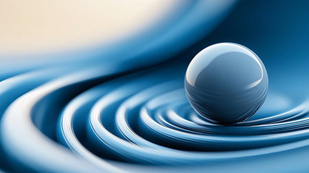 A smooth, blue sphere rests on a rippling, concentric surface of the same hue, creating a calming, abstract composition with soft lighting and subtle reflections.の素材