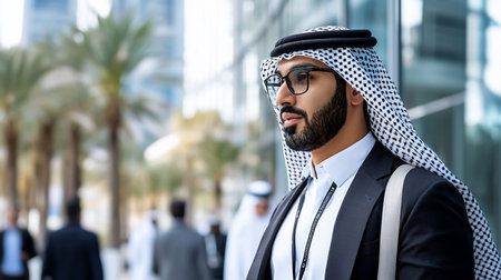 Portrait of a thoughtful Arab businessman in traditional attire and glasses, standing in a modern city. He exudes confidence and success in a contemporary urban setting.の素材