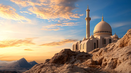 A majestic mosque with a grand dome and minaret sits peacefully on a rugged mountain at sunset, its cream-colored walls glowing in the warm, golden light of the evening sky.の素材