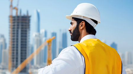 A focused, bearded engineer in a hard hat and safety vest gazes over a sunlit construction site, supervising the development of modern skyscrapers against a clear blue sky.の素材