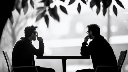 Two men sit at a table, silhouetted against a bright background, lost in thought. The black and white image evokes a sense of introspection and quiet conversation.の素材