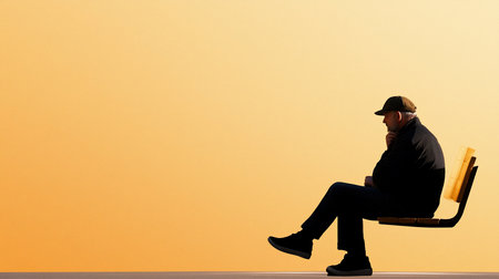 A silhouetted elderly man sits pensively on a modern bench against a warm, golden sunset backdrop. The minimalist composition emphasizes solitude and reflection.の素材