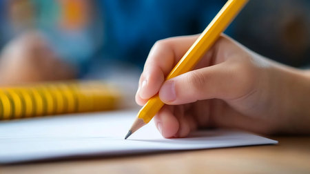 Close-up of a hand holding a yellow pencil, writing on lined paper. A notebook sits nearby, suggesting a student working on an assignment.の素材
