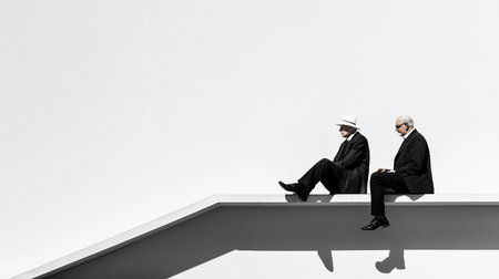 Two men in dark suits sit on a white ledge against a stark white background, their shadows creating a minimalist, high-contrast composition. The scene evokes contemplation.の素材
