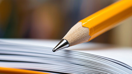 Extreme close-up of a sharpened yellow pencil poised above an open notebook, ready to write. The image highlights the texture of the wood and the crispness of the paper.の素材