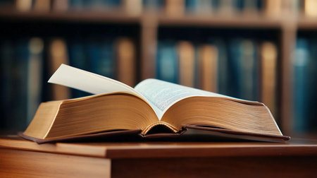 An open book with gilded edges rests on a wooden table, set against a blurred background of bookshelves in a library, creating a scholarly and inviting atmosphere.の素材
