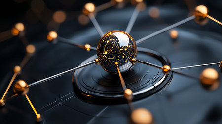 A central, reflective sphere filled with glowing data particles forms the hub of a futuristic network, connected by golden nodes in a sophisticated, dark, abstract environment.の素材