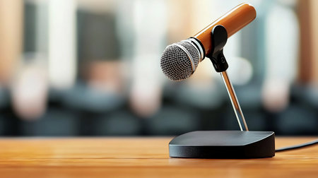 A stylish, classic microphone with a wooden body and chrome grid stands ready on a polished wooden table.の素材