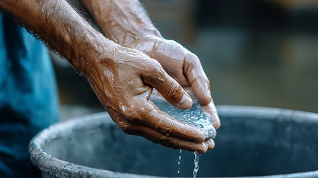Close-up of wet hands cupping water, with droplets falling. The image captures the texture of the skin and water, creating a sense of freshness and serenity.の素材