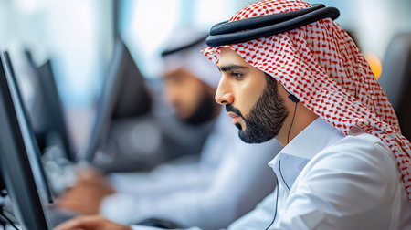 A young Arab man in traditional ghutra and thobe, with a beard, intently works on a computer in a modern office. His focused expression and earbud suggest deep engagement.の素材