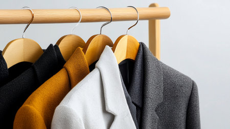 A close-up shot showcases a collection of coats in various colors and textures, hanging neatly on wooden hangers against a plain background.の素材