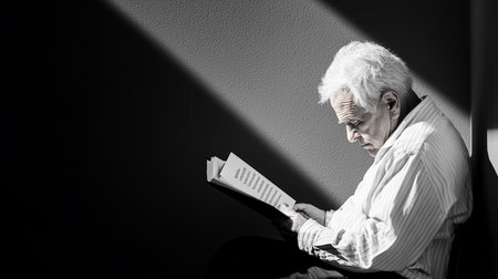 A contemplative elderly man engrossed in reading a document, bathed in dramatic light. The black and white composition emphasizes the textures and the man's focused expression.の素材