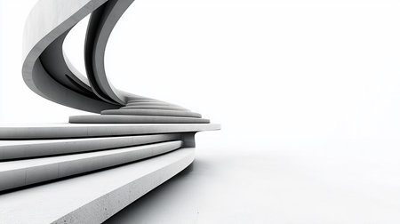 A striking black and white photograph captures the minimalist beauty of a modern concrete sculpture, featuring a series of curved steps ascending into abstract forms, set against a stark white backgr.の素材