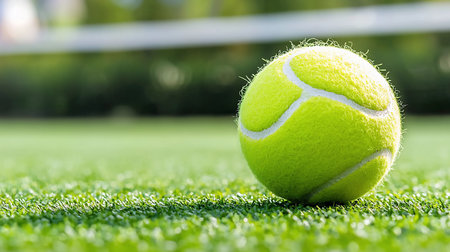 A single, fuzzy neon green tennis ball sits on a bright green artificial grass court, with the net blurred in the background.の素材