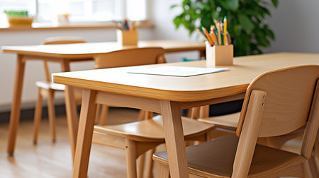 A bright, clean classroom featuring wooden desks and chairs, a pencil holder with colored pencils, and a green plant, creating a welcoming and educational atmosphere.の素材