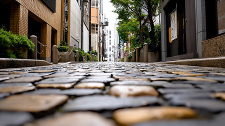Low-angle shot of a cobblestone street in Tokyo, Japan, flanked by buildings and greenery. The perspective emphasizes the texture of the stones and the depth of the urban alley.の素材