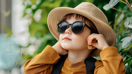 A close-up portrait of a young boy wearing a straw hat and dark sunglasses, looking upwards with a thoughtful expression, set against a softly blurred background of green foliage.の素材