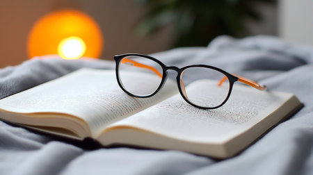 Black-framed reading glasses with orange temples rest on an open book, illuminated by a warm, blurred light, creating a cozy atmosphere.の素材
