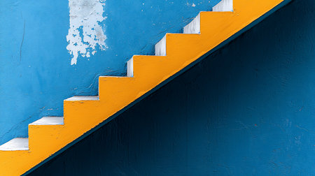 A striking, abstract view of a vibrant yellow staircase ascending diagonally. It contrasts sharply with a textured, two-tone blue wall, where peeling paint adds urban character.の素材