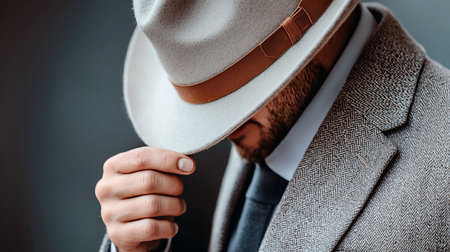 An anonymous bearded man in a classic herringbone suit adjusts his grey fedora, his face obscured in a gesture of mystery and timeless sophistication.の素材