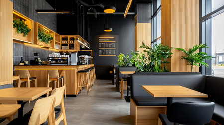 Empty modern cafe interior with sleek black walls, warm wooden furniture, and lush green plants. Ambient lighting and large windows create an inviting, contemporary atmosphere.の素材