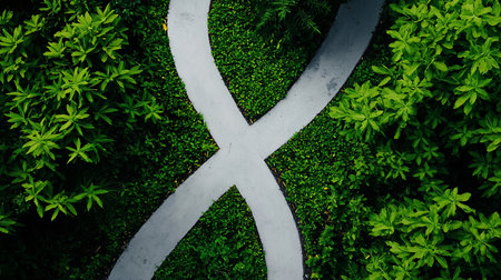 An aerial view captures a serene garden scene. Two intersecting, light-colored paths weave through vibrant green foliage.の素材