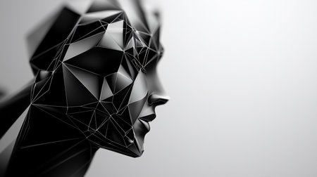 Abstract black and white image of a human face constructed from geometric polygons and lines, creating a low poly art style with a modern, futuristic aesthetic.の素材
