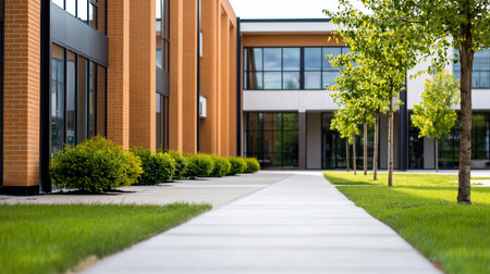 A low-angle view of a clean concrete sidewalk leading towards a modern brick building with large windows, flanked by a manicured green lawn, neat shrubs, and young trees.の素材