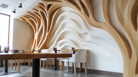 A modern restaurant interior showcases a unique wooden wall design, tables, and chairs. The artistic wooden structure contrasts with the white walls and furniture.の素材