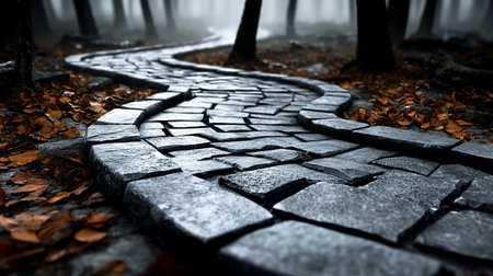 A winding stone path leads through a tranquil, misty autumn forest, adorned with vibrant fallen leaves. Low-angle perspective emphasizes the journey ahead.の素材