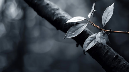 A close-up, desaturated view of a few delicate leaves emerging from a thin stem, resting on a rough, dark tree branch.の素材
