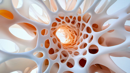 An abstract, organic-looking structure with white, bone-like branches and orange interior, creating a tunnel effect. Light emanates from the center, highlighting the Voronoi pattern.の素材