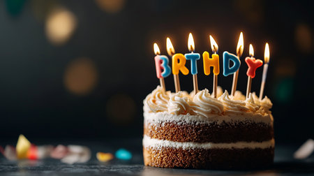 A festive birthday cake with creamy frosting and colorful lit candles glows warmly in the dark. The soft focus background with bokeh lights creates a magical, celebratory mood.の素材