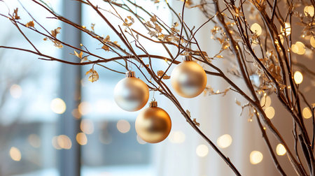 Three matte gold Christmas baubles hang from illuminated bare branches. A shallow depth of field creates a warm, festive bokeh glow, evoking a serene and elegant holiday mood.の素材