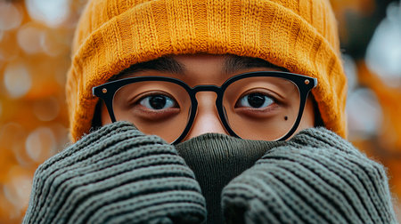 Intimate close-up of a person's eyes, framed by glasses, wearing a vibrant yellow beanie and a cozy green sweater pulled up for warmth against a soft, warm bokeh background.の素材