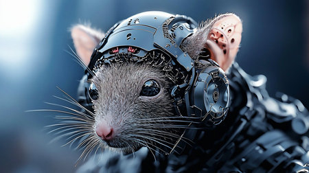 A close-up of a rat wearing a futuristic, cybernetic headset. The image blends organic and mechanical elements, creating a striking contrast.の素材