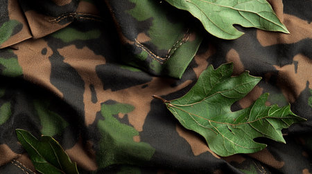 A detailed top-down view of fresh, vibrant green oak leaves scattered on a rumpled, textured woodland camouflage fabric, blending natural and artificial concealment patterns.の素材