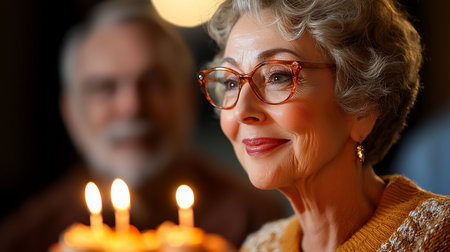 A close-up portrait of a smiling senior woman wearing glasses, illuminated by the warm glow of birthday candles, with a blurred figure in the background.の素材
