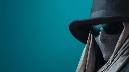 Close-up of a figure in a black hat, sunglasses, and draped fabric against a teal background, creating an air of mystery and anonymity.の素材