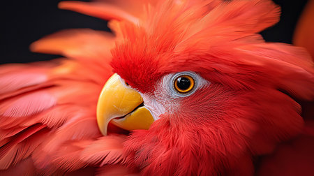 A close-up portrait of a Scarlet Ibis, showcasing its vivid red plumage, yellow beak, and captivating eye. The image highlights the intricate details of the bird's feathers.の素材