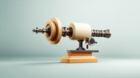 A sophisticated abstract machine component, crafted from smooth wood, polished metal, and a cream cylinder, sits on a minimalist teal background. Studio shot, high detail.の素材