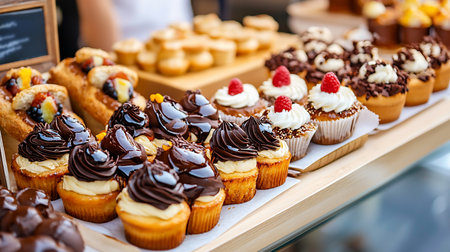 A tempting assortment of gourmet cupcakes and pastries on a wooden display at a market. Glossy chocolate and fresh raspberry toppings invite indulgence. Shallow focus highlights detail.の素材
