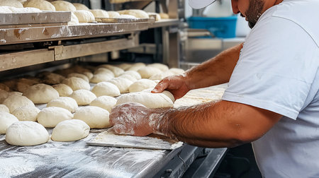 A baker carefully shapes dough in a bakery, preparing fresh bread. The scene captures the artisan's skill and dedication to the craft, highlighting the baking process.の素材