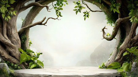 A serene forest scene featuring a stone platform framed by gnarled trees and vibrant green foliage, set against a misty, ethereal backdrop, evoking a sense of tranquility.の素材