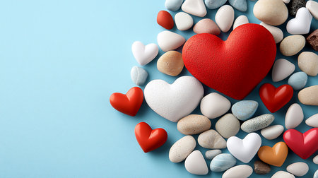A collection of smooth, colorful pebbles and heart-shaped objects are artfully arranged on a textured blue surface, creating a visually appealing composition.の素材