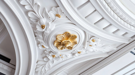 Close-up of opulent white stucco molding on a grand ceiling, showcasing exquisite golden floral accents and intricate baroque patterns. Elegant interior design.の素材